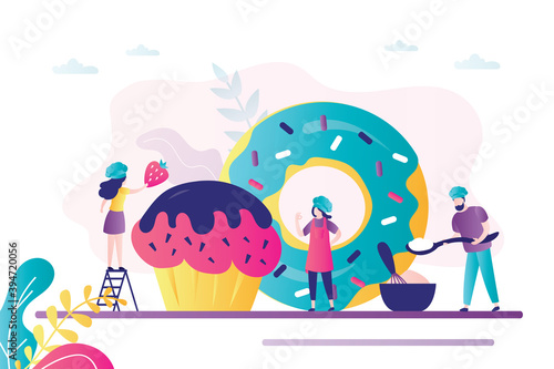 Pastry chef decorating cupcake with strawberries. Confectioner holds spoon filled with cream or sugar. Huge donut on background