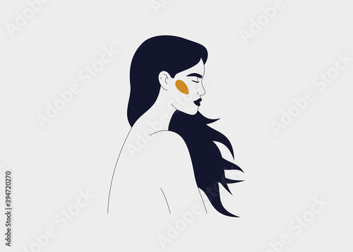 Strong woman with flowing long hair side view portrait. Silhouette of the female with closed eyes. Concept of mindfulness and self love. Vector linear illustration