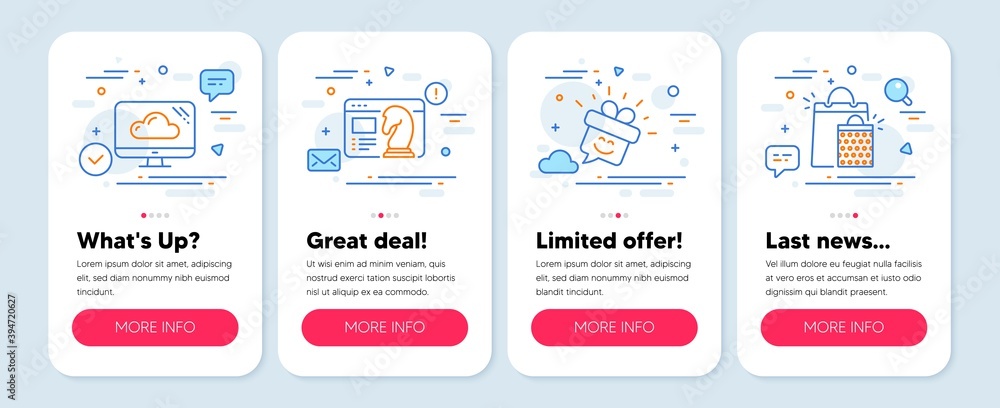 Set of Business icons, such as Cloud storage, Seo strategy, Smile symbols. Mobile screen banners. Shopping bags line icons. Computer, Chess knight, Gift box. Sale marketing. Vector