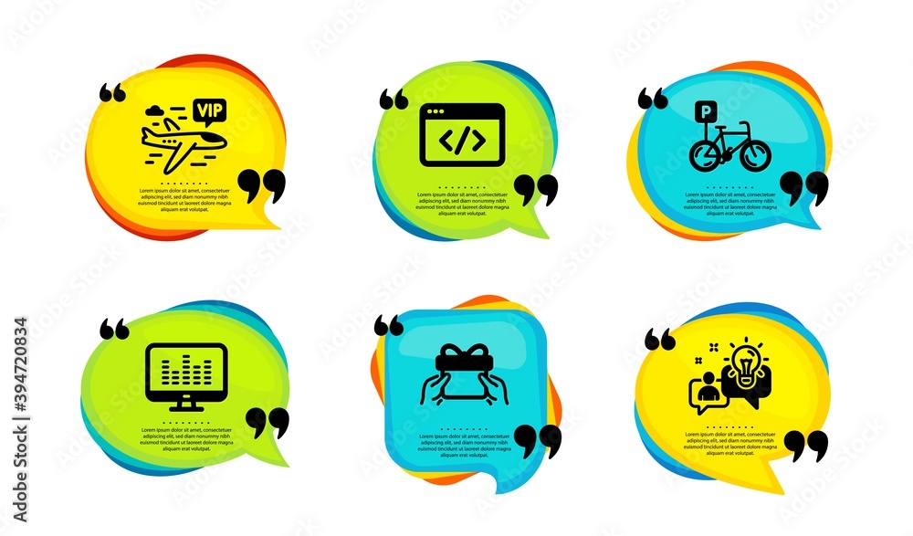 Seo script, Give present and Vip flight icons simple set. Speech bubble with quotes. Music making, Bicycle parking and Idea signs. Programming, Receive a gift, Charter airplane. Vector Seo script, Give present and Vip flight icons simple set. Speech bubble with quotes. Music making, Bicycle parking and Idea signs. Programming, Receive a gift, Charter airplane. Vector