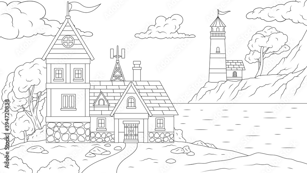 Vector illustration, lighthouse by the sea