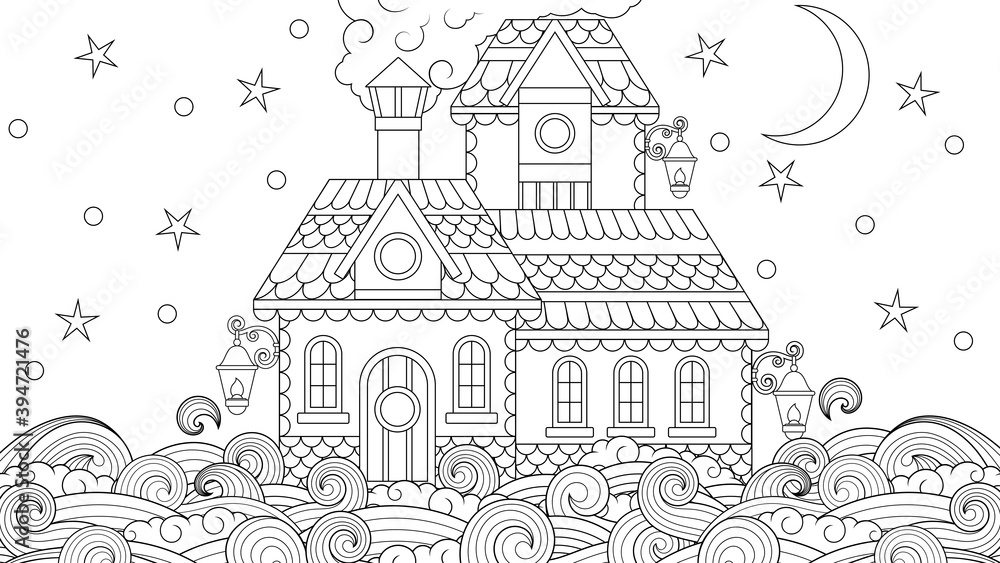 Vector illustration, fairy house among the waves