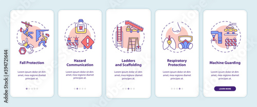 Top workplace safety violations onboarding mobile app page screen with concepts. Fall protection walkthrough 5 steps graphic instructions. UI vector template with RGB color illustrations