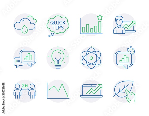 Science icons set. Included icon as Energy, Sales diagram, Success business signs. Graph chart, Rainy weather, Atom symbols. Quick tips, Line chart, Efficacy. Statistics timer line icons. Vector