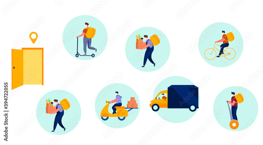 Fototapeta premium No Contact Home Delivery During Coronavirus.Express Delivery Food During Quarantine on Moped or Electic Scooter,Truck,Bicycle and on Foot.Online Shopping.Social Distance.Flat Vector Illustration