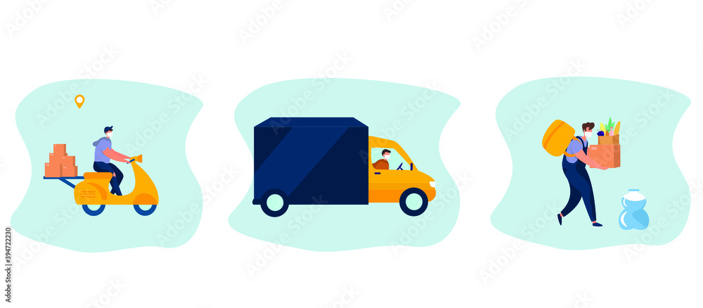 No Contact Home Delivery During Coronavirus.Express Delivery Food and Drug During Quarantine.Online Shopping.Character in Mask in Truck,Scooter,Moped and Foot.Social Distance.Flat Vector Illustration