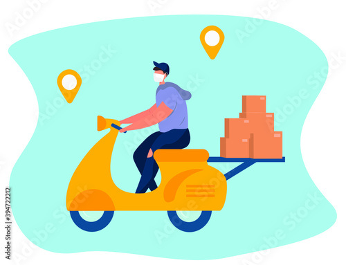 No Contact Home Delivery During Coronavirus.Express Delivery Food and Drug During Quarantine on Moped or Electric Scooter.Online Shopping.Character in Mask.Social Distance.Flat Vector Illustration