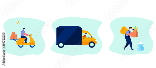 No Contact Home Delivery During Coronavirus.Express Delivery Food and Drug During Quarantine.Online Shopping.Character in Mask in Truck,Scooter,Moped and Foot.Social Distance.Flat Vector Illustration