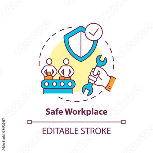 Safe workplace concept icon. Workplace safety elements. Everyday safety for emloyee health. Life saving strategy idea thin line illustration. Vector isolated outline RGB color drawing. Editable stroke