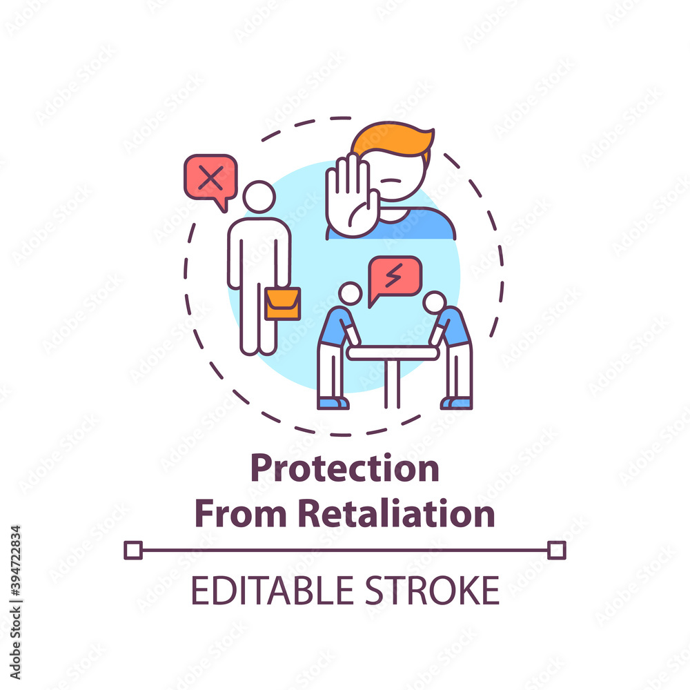 Protection from retaliation concept icon. Understand your responsibilities. Treat employees consistently idea thin line illustration. Vector isolated outline RGB color drawing. Editable stroke