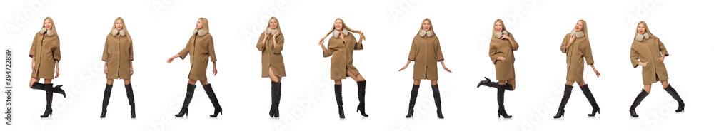 Fototapeta premium Blond hair girl in coat isolated on white