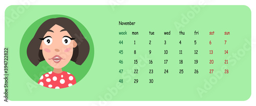 Female user profile. Calendar for the month of november 2021. A character for a screen saver with emotions. Vector illustration.