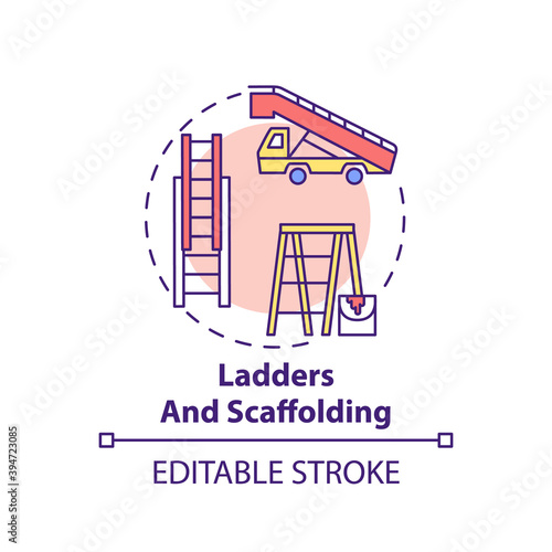Ladders and scaffolding concept icon. Top workplace safety violations. System to install building items idea thin line illustration. Vector isolated outline RGB color drawing. Editable stroke