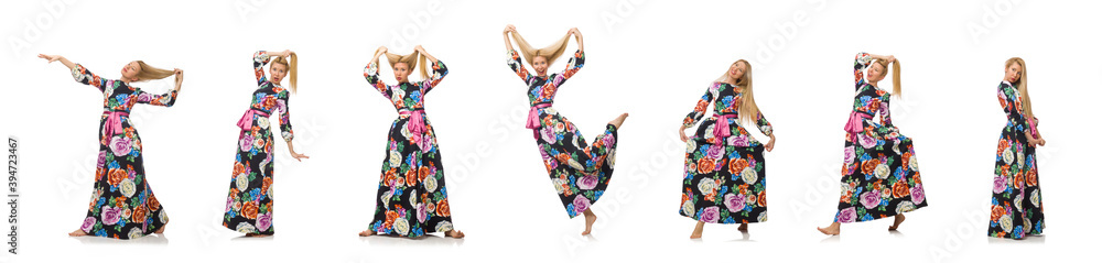 Girl in long flower dress isolated on white Girl in long flower dress isolated on white