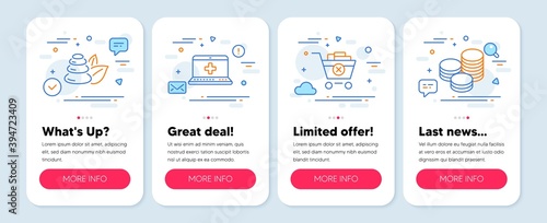 Set of Business icons, such as Remove purchase, Medical help, Spa stones symbols. Mobile screen app banners. Tips line icons. Delete from cart, Medicine laptop, Bath. Cash coins. Vector