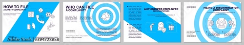 Safety complaints filing brochure template. Workplace violence. Flyer, booklet, leaflet print, cover design with linear icons. Vector layouts for magazines, annual reports, advertising posters
