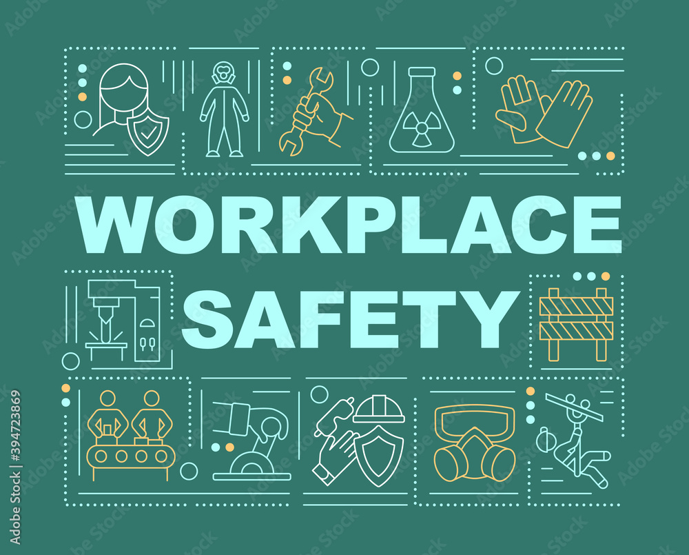 Fototapeta premium Workplace safety word concepts banner. Working environment. Hazard controls. Infographics with linear icons on green background. Isolated typography. Vector outline RGB color illustration