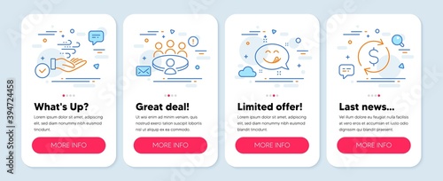 Set of Business icons, such as Wind energy, Meeting, Yummy smile symbols. Mobile screen banners. Dollar exchange line icons. Breeze power, Human resource, Emoticon. Banking rates. Vector