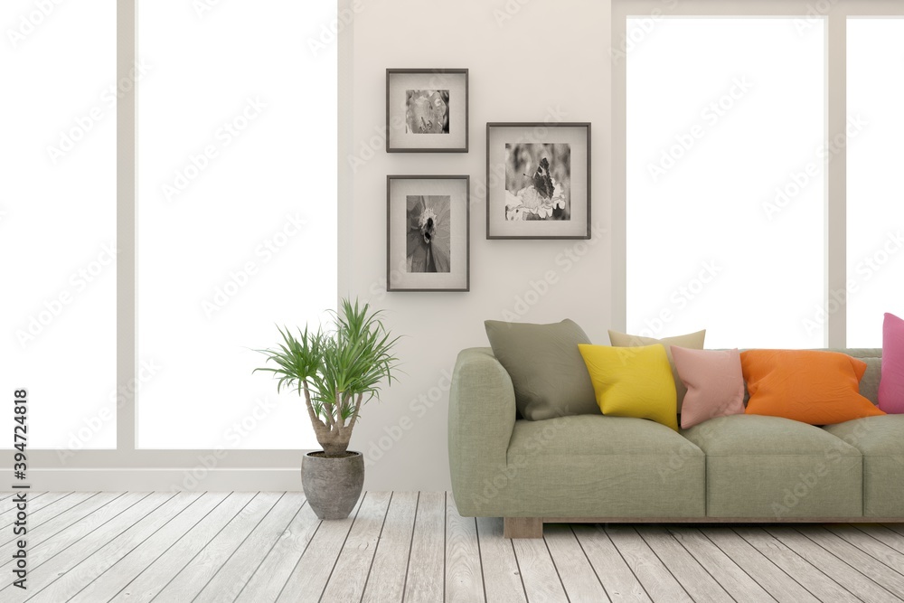 White living room with sofa. Scandinavian interior design. 3D illustration White living room with sofa. Scandinavian interior design. 3D illustration