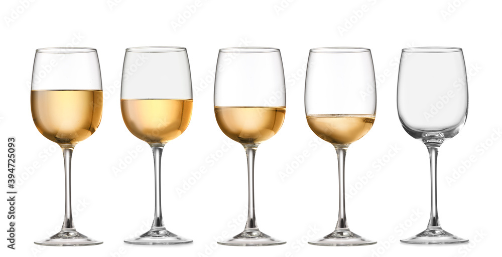 Glasses with different amount of wine on white background Glasses with different amount of wine on white background