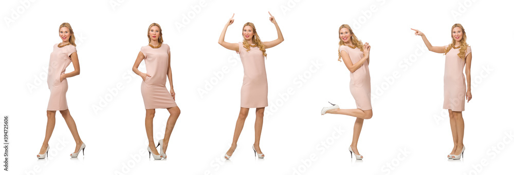 Fototapeta premium Beautiful lady in pink dress isolated on white
