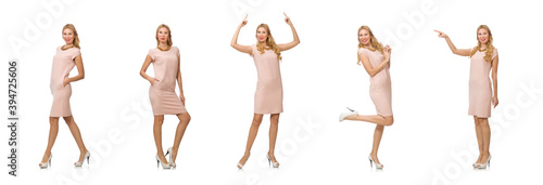 Beautiful lady in pink dress isolated on white