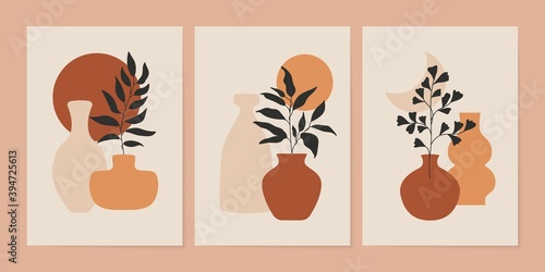 Abstract botanical poster set. Contemporary nature background set bohemian aesthetic, boho minimalist wall decor. Vector illustration