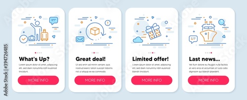 Set of Transportation icons, such as Airport transfer, Return package, Present delivery symbols. Mobile screen app banners. Ship line icons. Baggage reclaim, Exchange goods, Shopping service. Vector