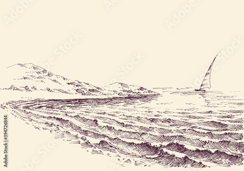 Sailboat in the sea, lateral view from shore