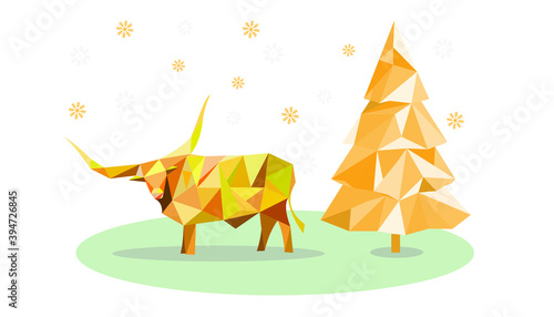 A cute bull with large horns of yellow mustard color against the background of Christmas trees made of polygons and snowflakes for prints, wrapping paper, fabric. Vector illustration of Christmas.