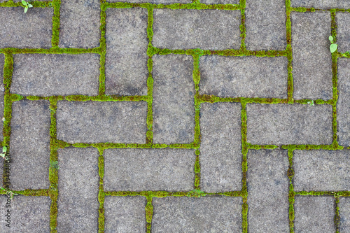 The surface of the sidewalk. Detailed texture of a pedestrian walkway with paving tiles. Top view.