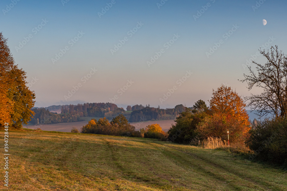 Beautiful hilly autumn landscape. Autumn leaves in forest. Czech republic