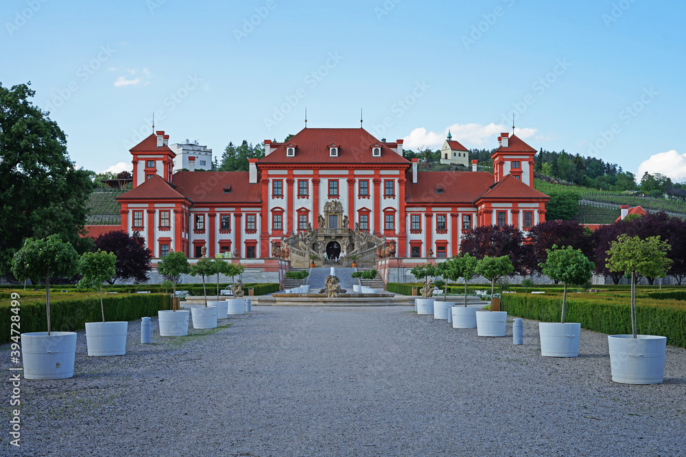 Troja baroque palace with red and white colour and beautiful ornamental garden, Prague, Czech Republic