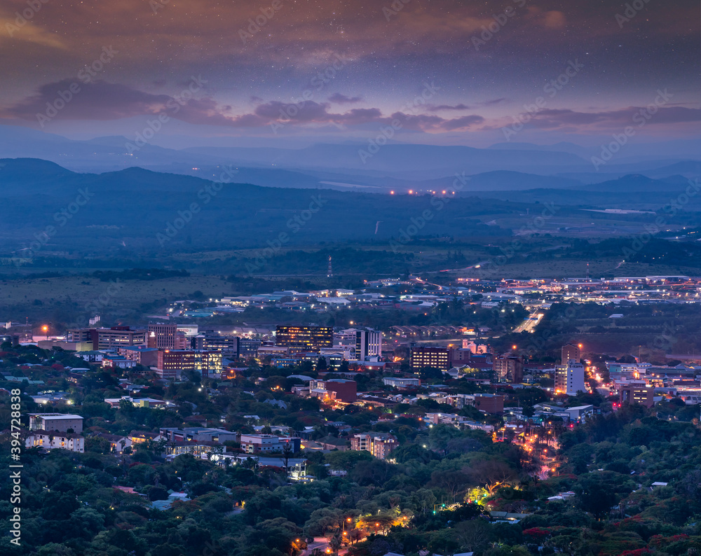Nelspruit city at night with twilight sky in Mpumalanga South Africa
