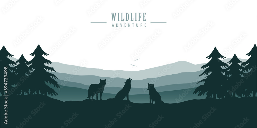Φωτογραφία wolf pack on blue forest landscape with mountain view vector illustration EPS10