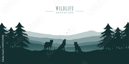 wolf pack on blue forest landscape with mountain view vector illustration EPS10