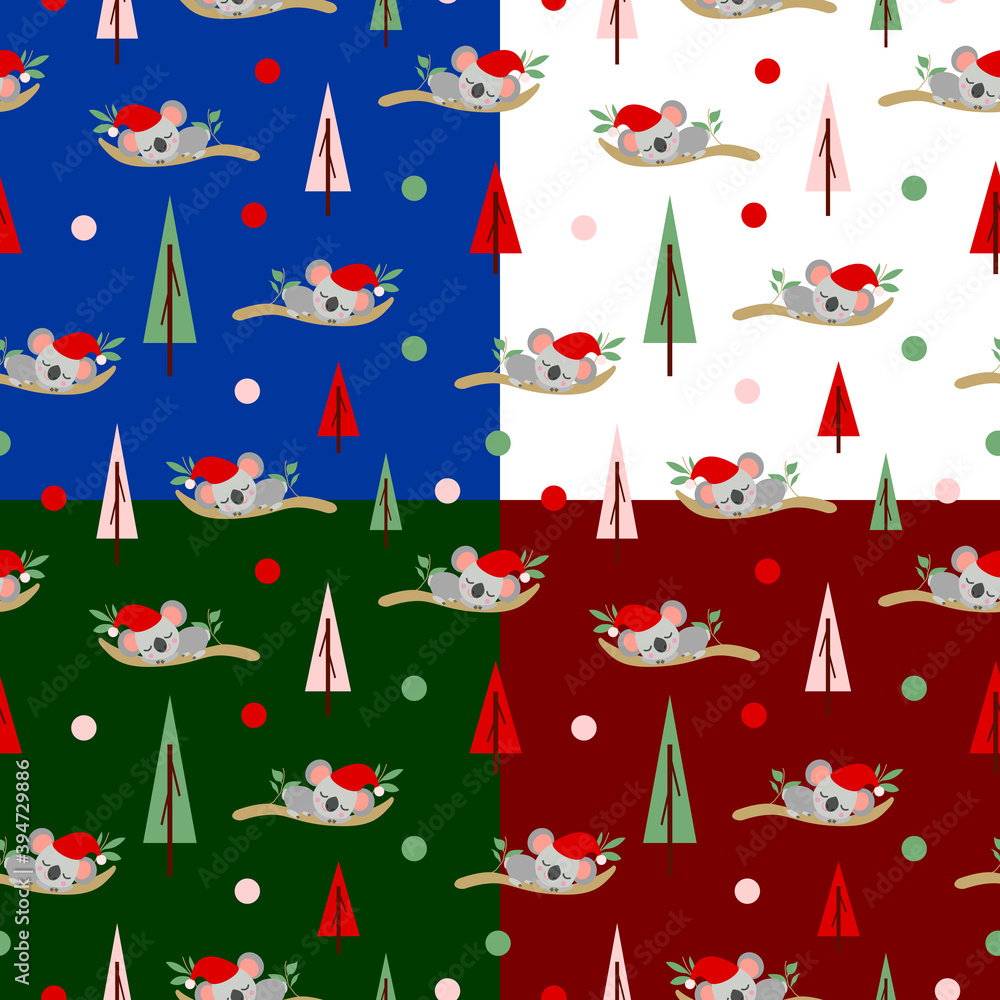 Seamless pattern with koala babies in red Christmas hats sleeping on eucalyptus. Fir trees. Various background. Pink, red and green round confetti. Post cards, textile, wallpaper and wrapping paper