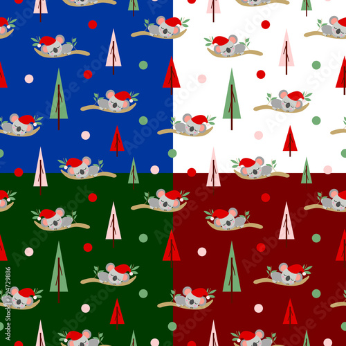 Seamless pattern with koala babies in red Christmas hats sleeping on eucalyptus. Fir trees. Various background. Pink, red and green round confetti. Post cards, textile, wallpaper and wrapping paper