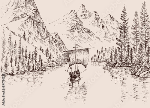 Sailboat on the mountain river hand drawing. Boat sailing in a fjord