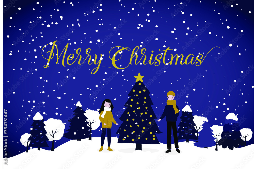 Naklejka premium Young couple on the winter landscape with a Christmas tree. Vector illustration in flat style. Navy and gold colors. EPS 10