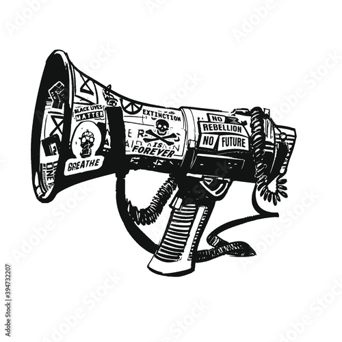 Megaphone covered with protest stickers of progressive environmentalist and social justice groups 