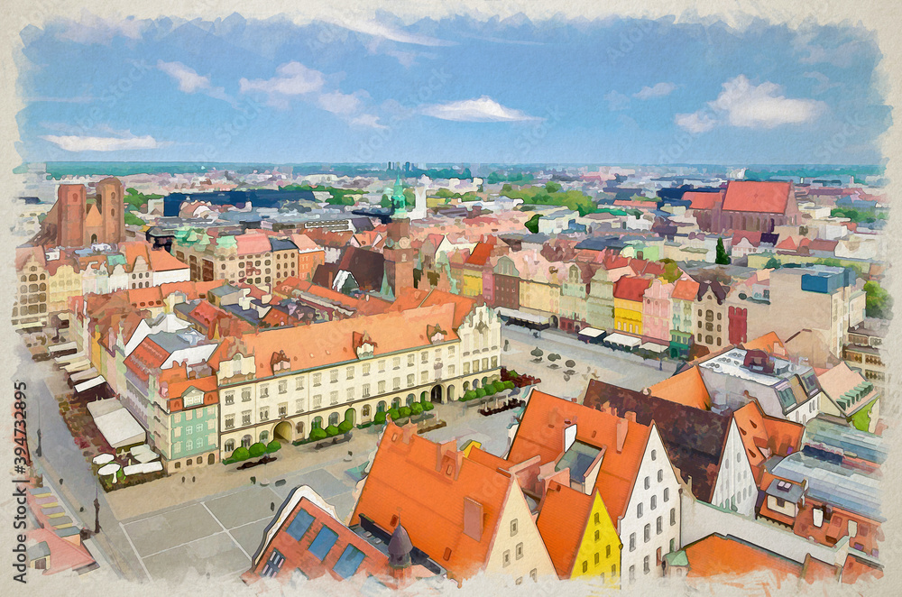Watercolor drawing of Top aerial panoramic view of old historical city centre of Wroclaw