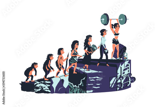 Woman evolution time line vector cartoon illustration concept Female development process from monkey, erectus primate, Stone Age, farmer to modern fashion woman and fitness girl with barbell