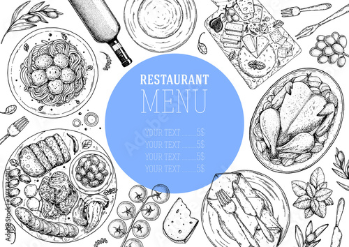 Food top view. Sketch illustration. Hand drawn. Food menu design template. Hand drawn sketch vector illustration.