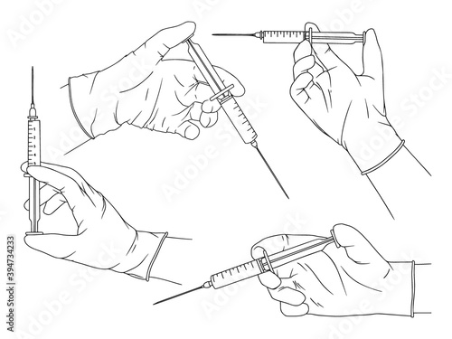Doctor or scientist hands in latex gloves. Hands in sterile gloves holding syringe. Vector illustration