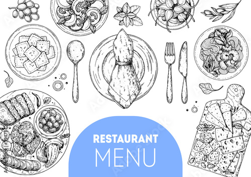 Italian ravioli. Food top view. Sketch illustration. Italian cuisine. Hand drawn. Food menu design template. Hand drawn sketch vector illustration.