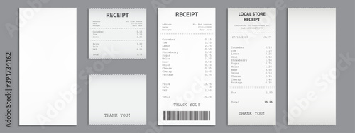 Shop receipts, paper cash checks with barcode. Vector realistic set of purchase bills, blank and printed invoices on white paper. Shopping cheques isolated on gray background