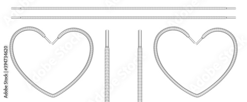 White shoelaces, shoe ropes in line and heart shape. Vector realistic set of footwear or clothing laces, boot cords. Twist threads, strings for sport wear and sneakers isolated on white background