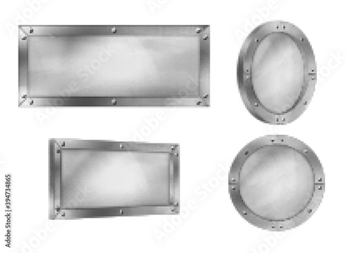 Metal signs, steel boards with rivets on frame isolated on white background. Vector realistic set of blank silver signboards, advertising banners front and angle view