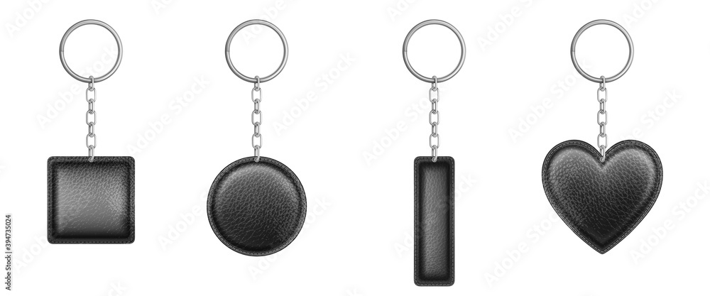 Black leather keychain different shapes with metal chain and ring. Vector realistic set of holder trinket, fob for car, home or office keys isolated on white background Black leather keychain different shapes with metal chain and ring. Vector realistic set of holder trinket, fob for car, home or office keys isolated on white background